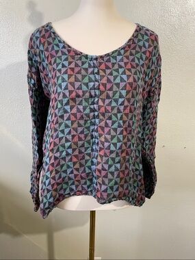 FLAX Scandinavian Linen Lagenlook Top Small Geometric High Low Artwear Modern